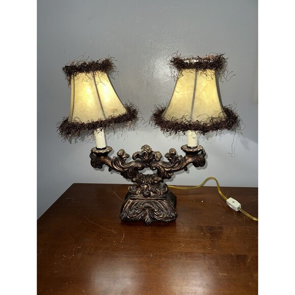 VTG Small Ornate Gilt Finished Two Light Table Lamp Beige Fabric Shades - Picture 1 of 10